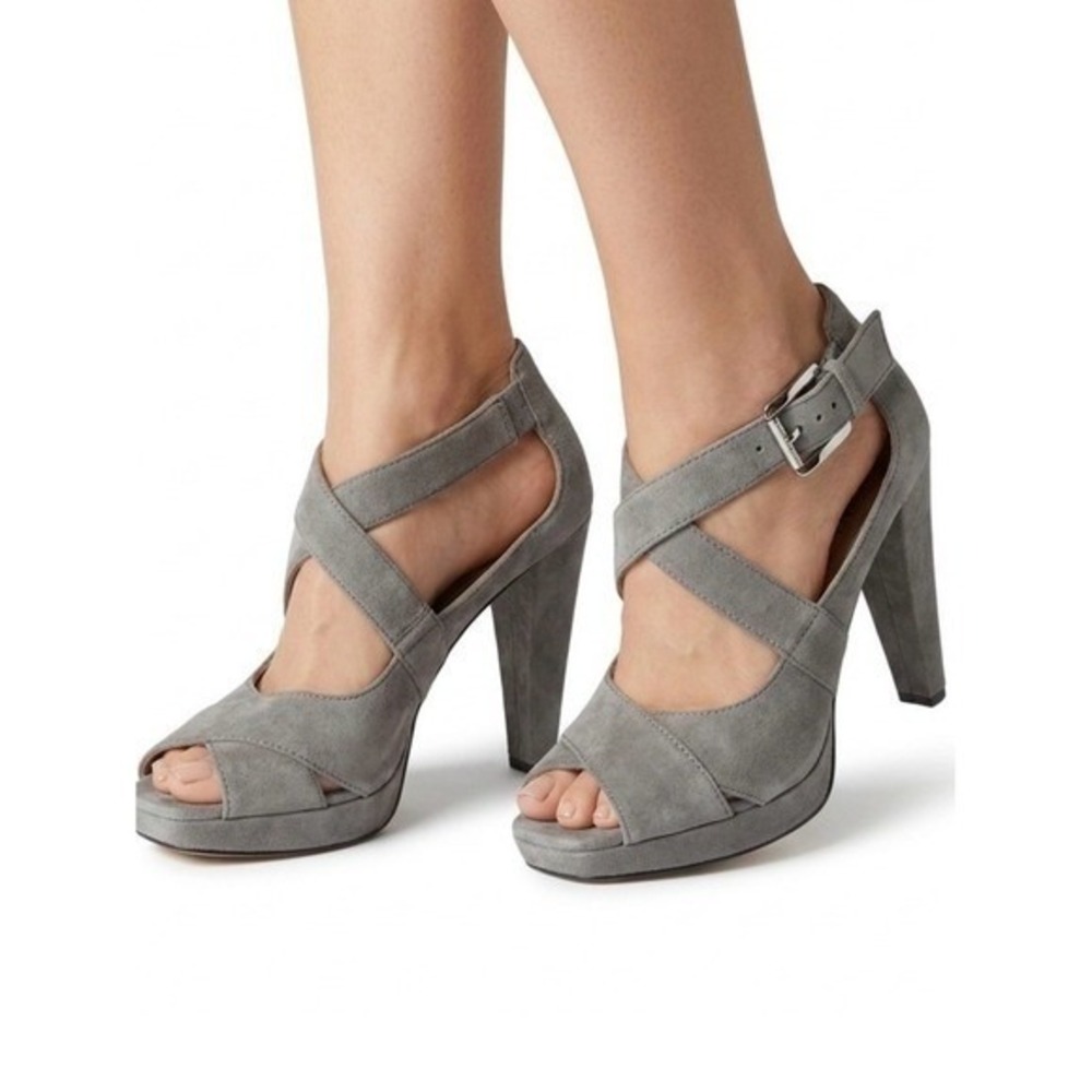 Michael Kors Platform Heels Grey Suede Shoes Peep Toe Leather Fall Autumn Size 7